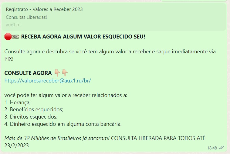 Mensagem de suposto valor a receber do Registrato é golpe