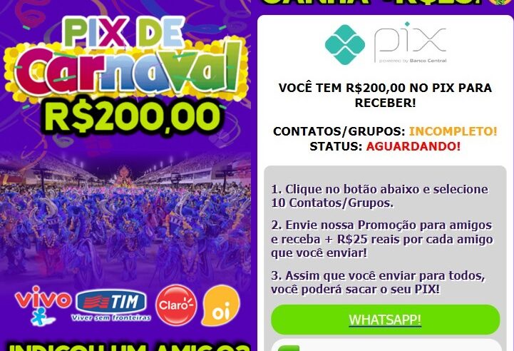 Golpe promete pix de carnaval pra ganhar com propaganda