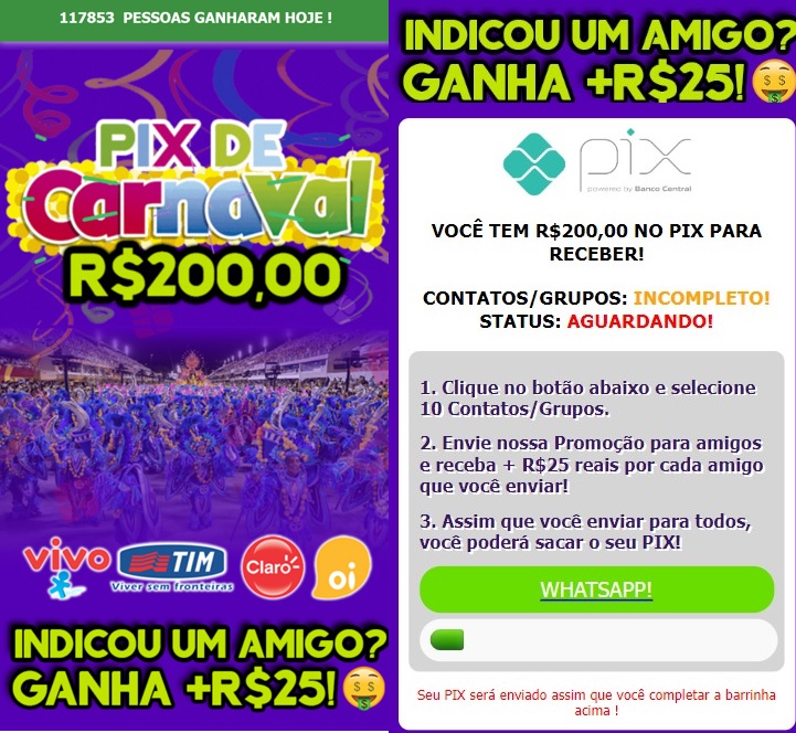 Golpe promete pix de carnaval pra ganhar com propaganda