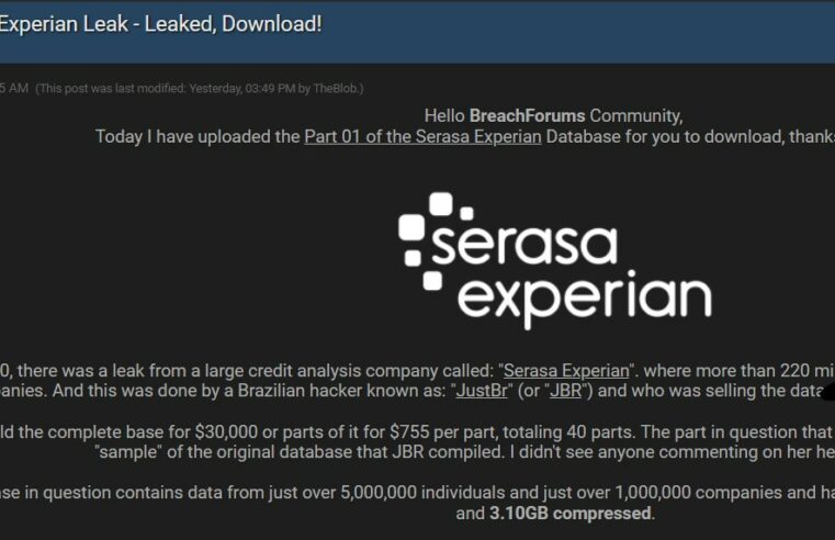 Hacker anuncia suposta base do Serasa Experian na deepweb