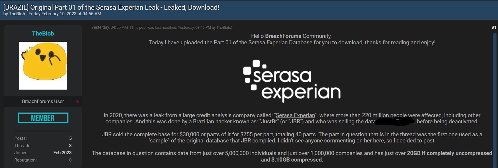 Hacker anuncia suposta base do Serasa Experian na deepweb